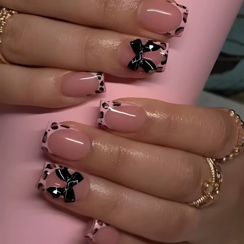 24Pcs Pink French Style Fake Nails 3D Bowknot Designs Short Square Press on Nails Sweet Korean Fashion False Nail for Women Girl